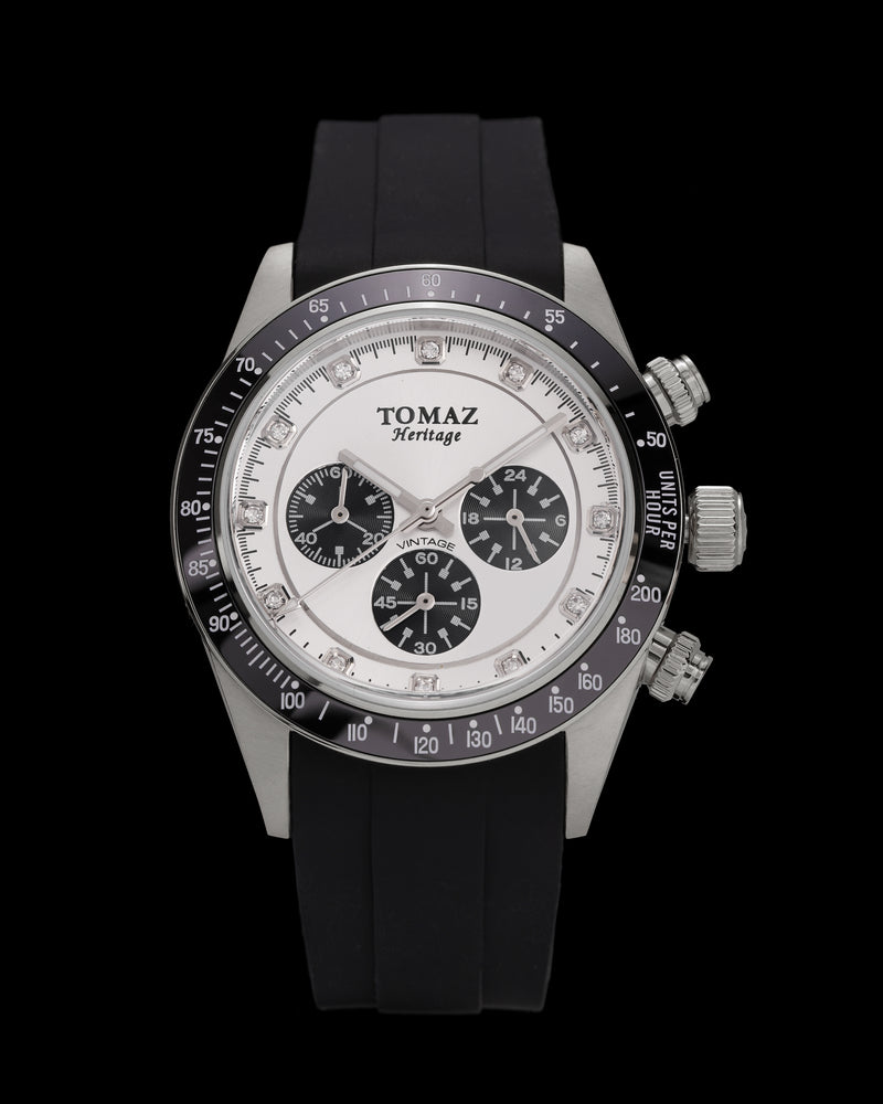 Vintage GR07-D1 (Silver/Black) with Silver Swarovski Crystal (Black Leather Strap)
