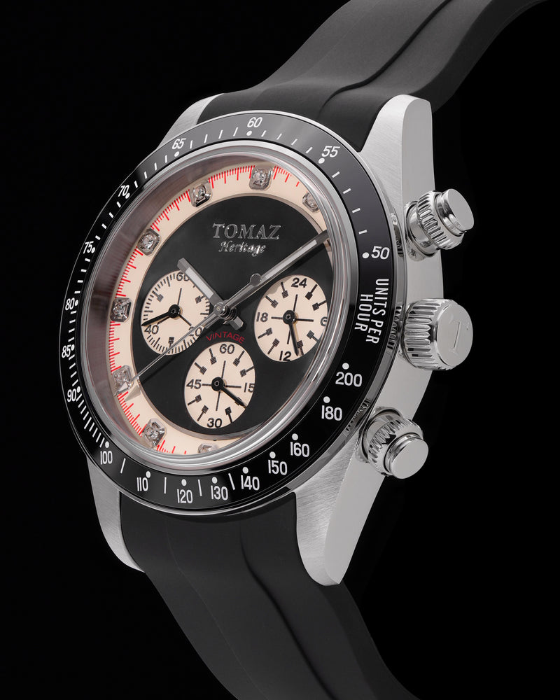 
                  
                    Load image into Gallery viewer, Vintage GR07-D4 (Silver/Black) with Silver Swarovski Crystal (Black Leather Strap)
                  
                