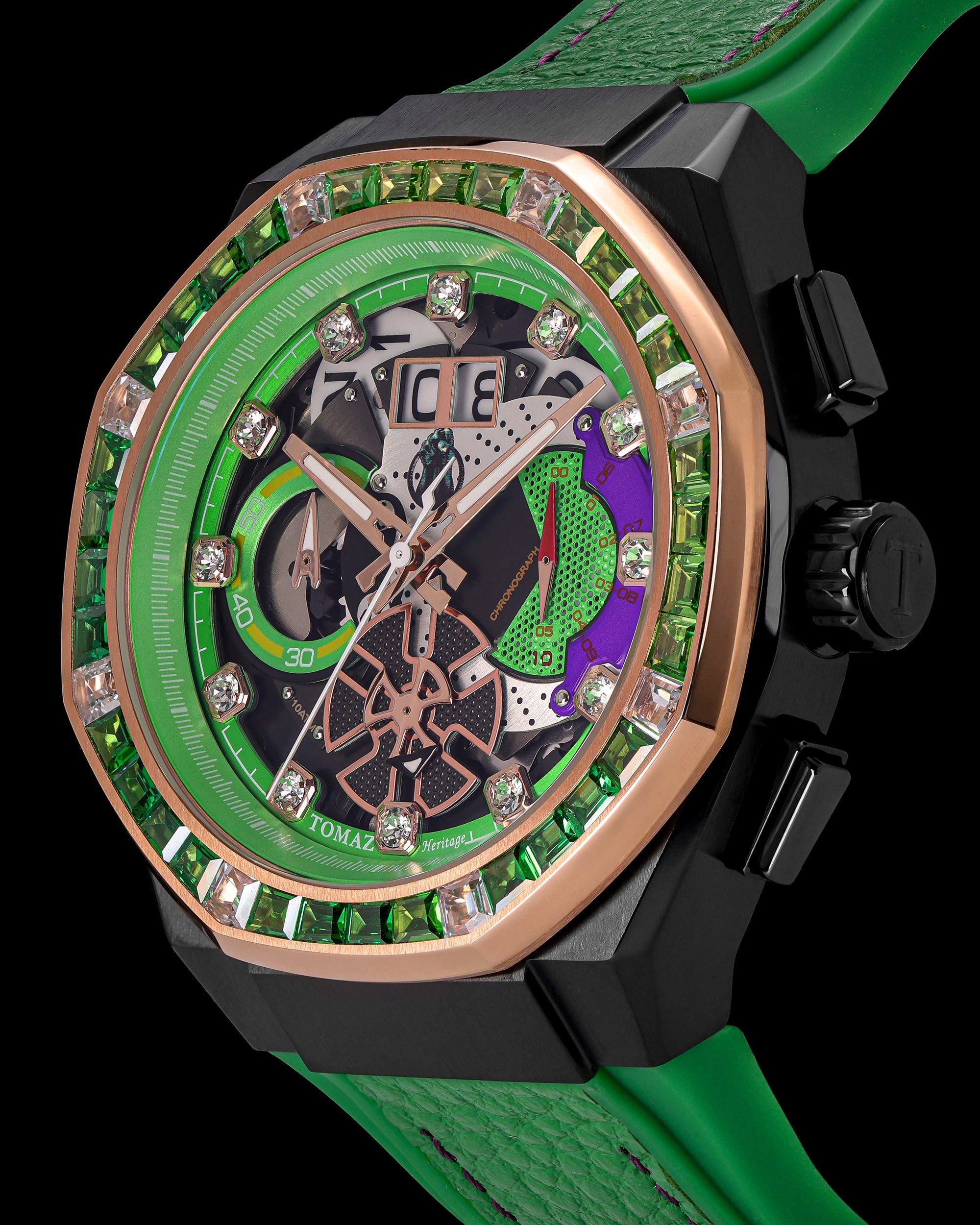 Marvel Hulk TQ023F-D1 (Black/Rosegold) with Green Crystal (Green Leather with Silicone Strap)