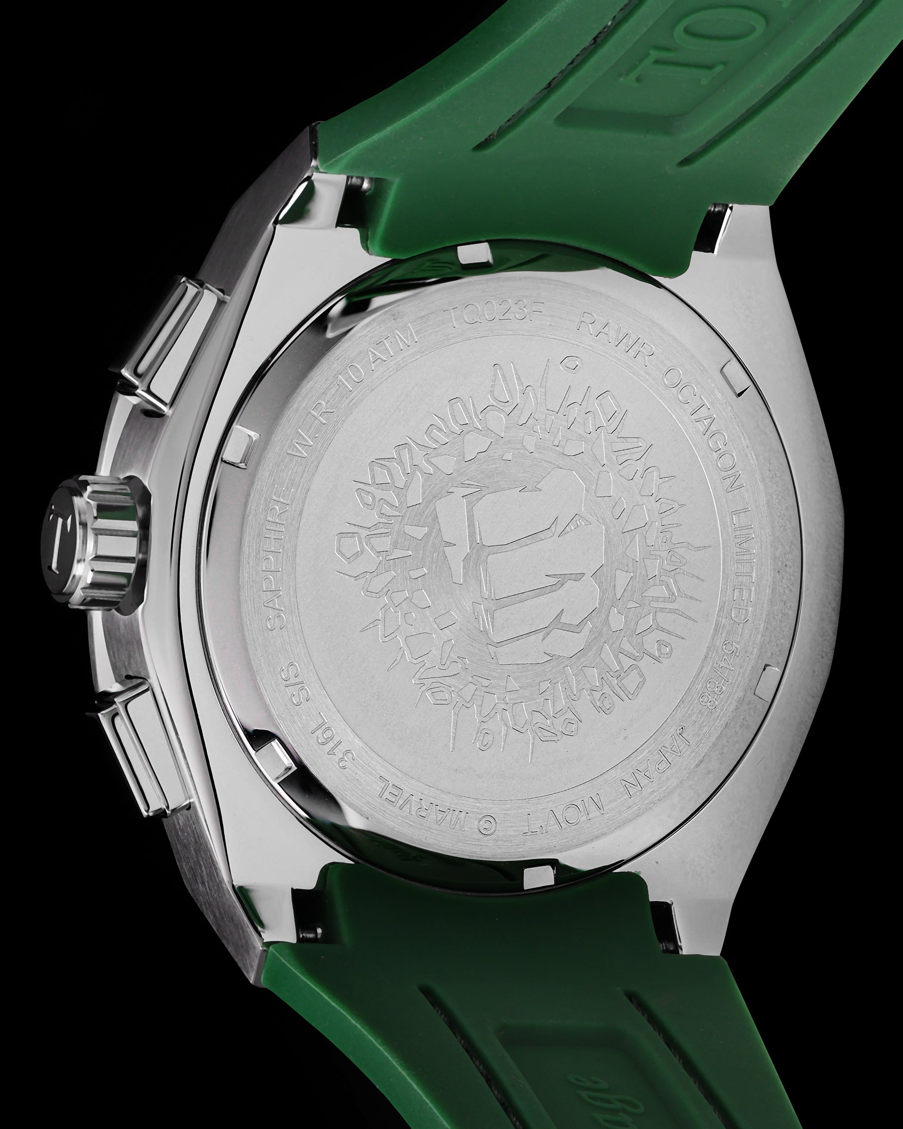 Marvel Hulk TQ023F-D3 (Silver/Green) with Green Crystal (Green Leather with Silicone Strap)