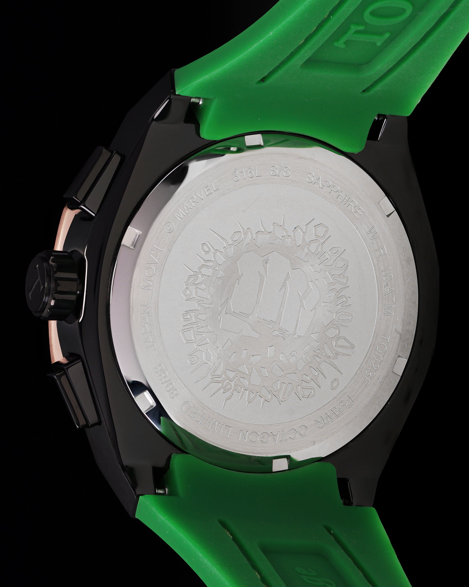 Marvel Hulk TQ023F-D1 (Black/Rosegold) with Green Crystal (Green Leather with Silicone Strap)