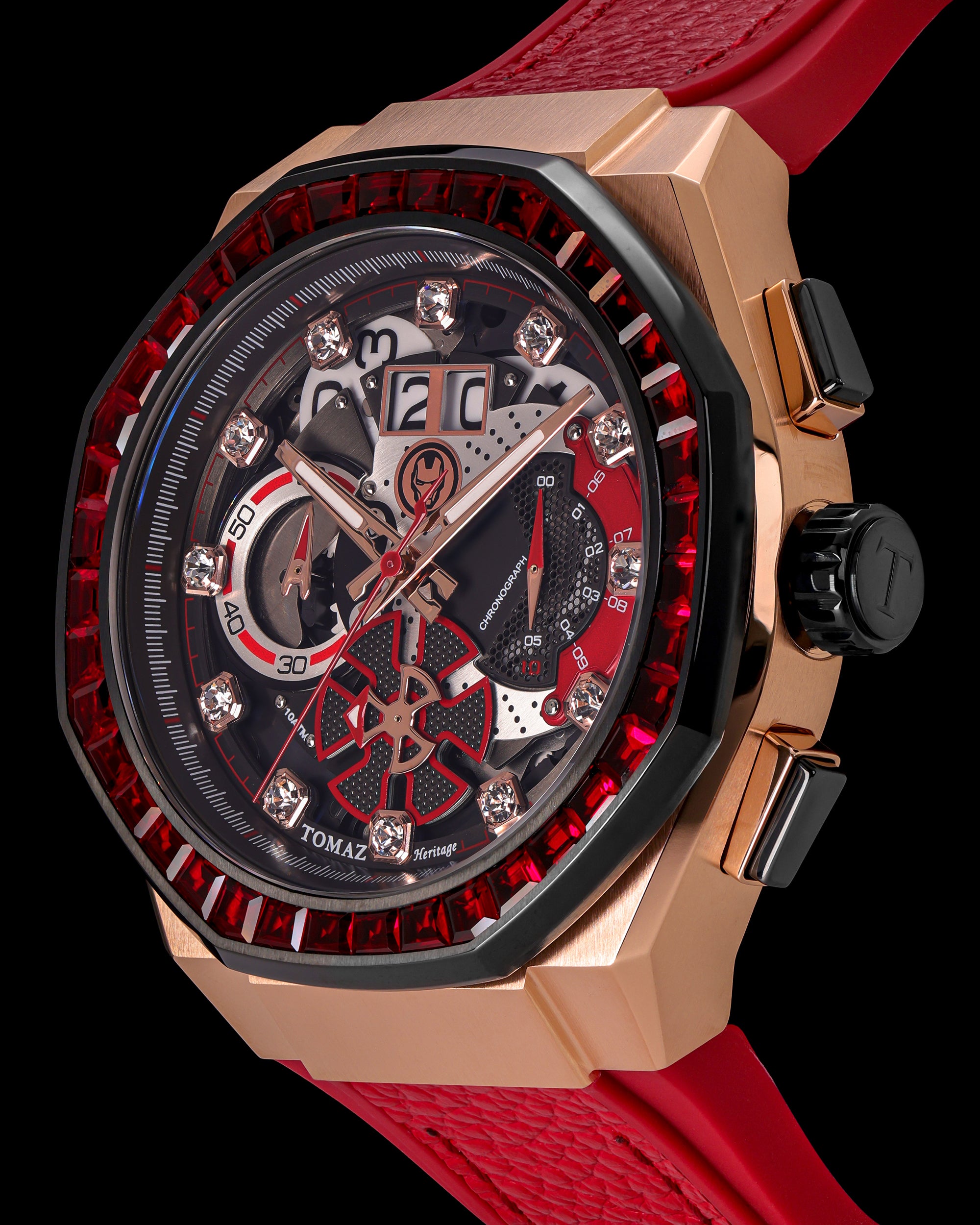 Marvel Iron Man TQ023C-D3 (Rosegold/Black) with Red Crystal (Red Leather with Silicone Strap)