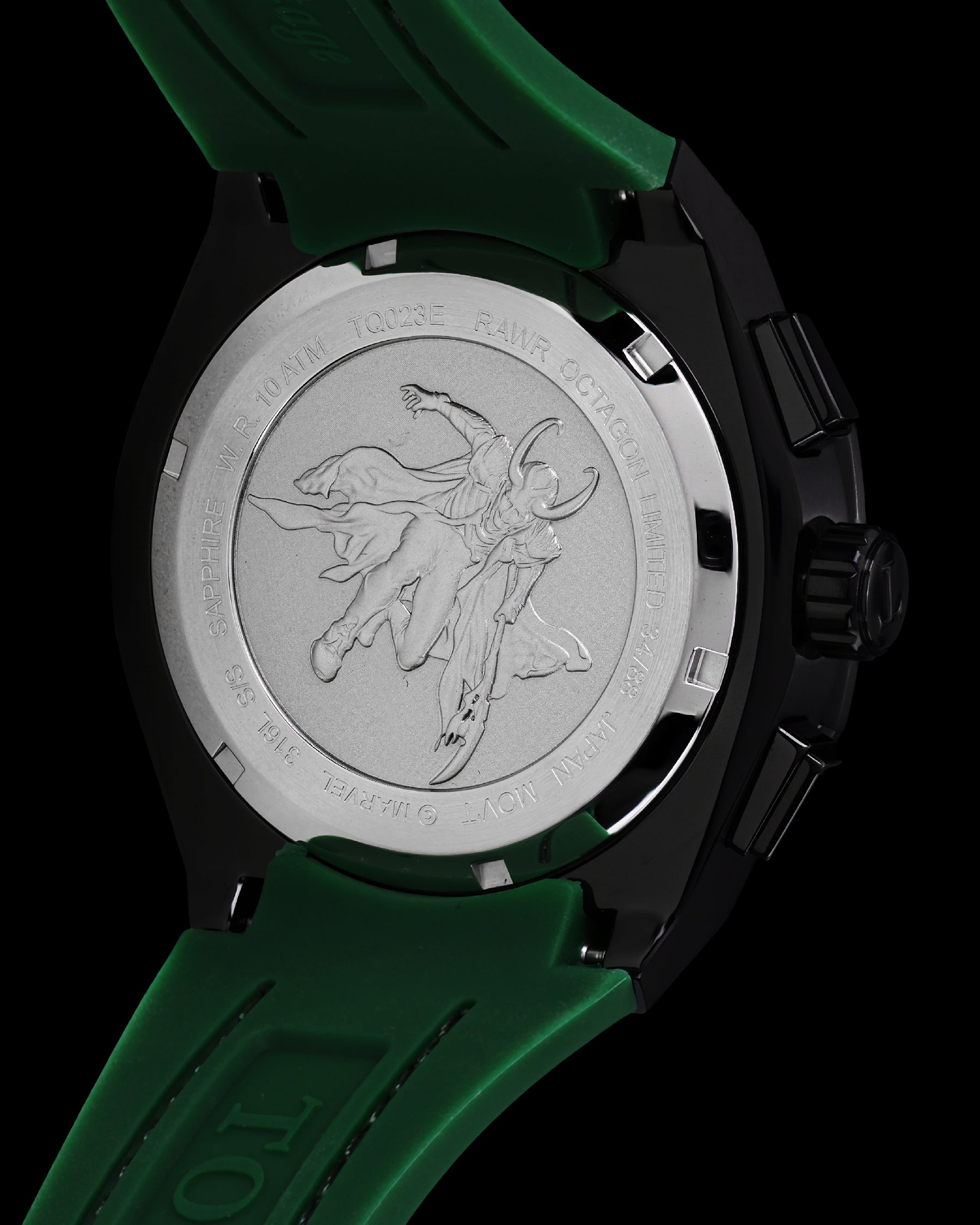 Marvel Loki TQ023E-D1 (Black/Green) with White Black Crystal (Green Leather with Silicone Strap)