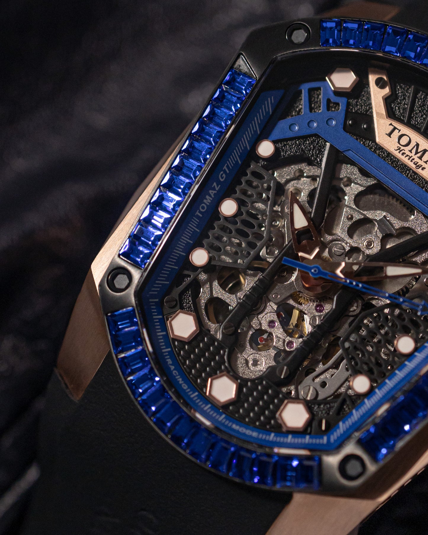 GT Skeleton TW028-D7 (Rosegold/Blue) with Blue Swarovski (Black Rubber Strap)