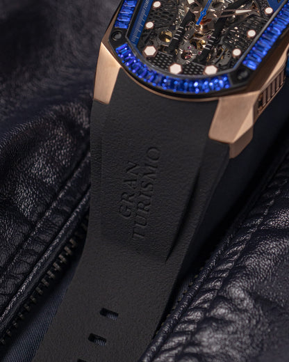 GT Skeleton TW028-D7 (Rosegold/Blue) with Blue Swarovski (Black Rubber Strap)