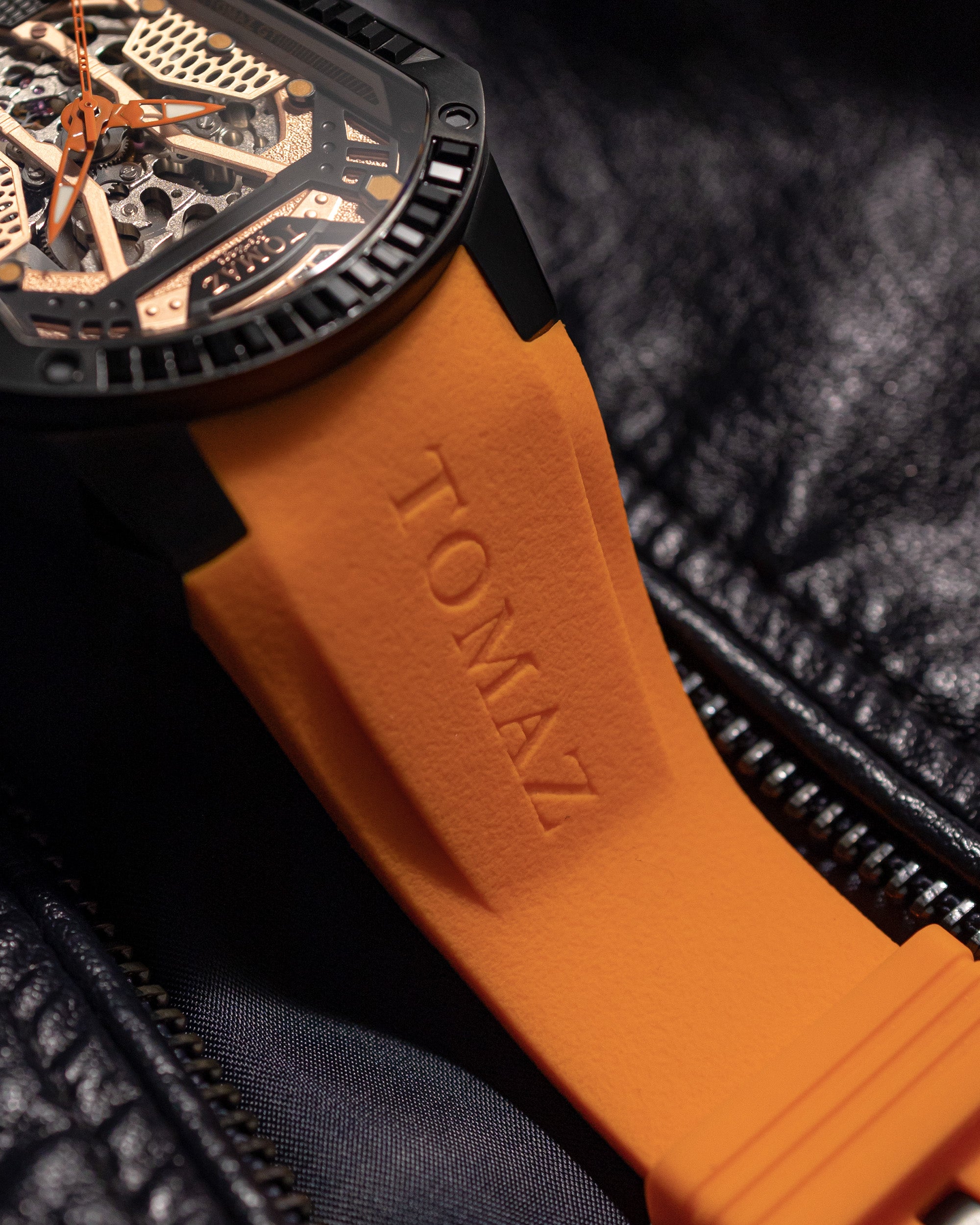 GT Skeleton TW028-D6 (Black/Orange) with Black Swarovski (Orange Rubber Strap)