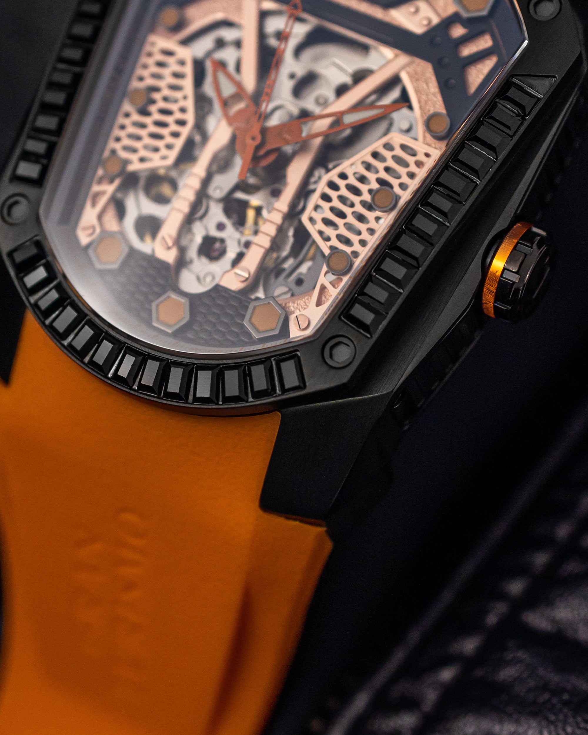 GT Skeleton TW028-D6 (Black/Orange) with Black Swarovski (Orange Rubber Strap)