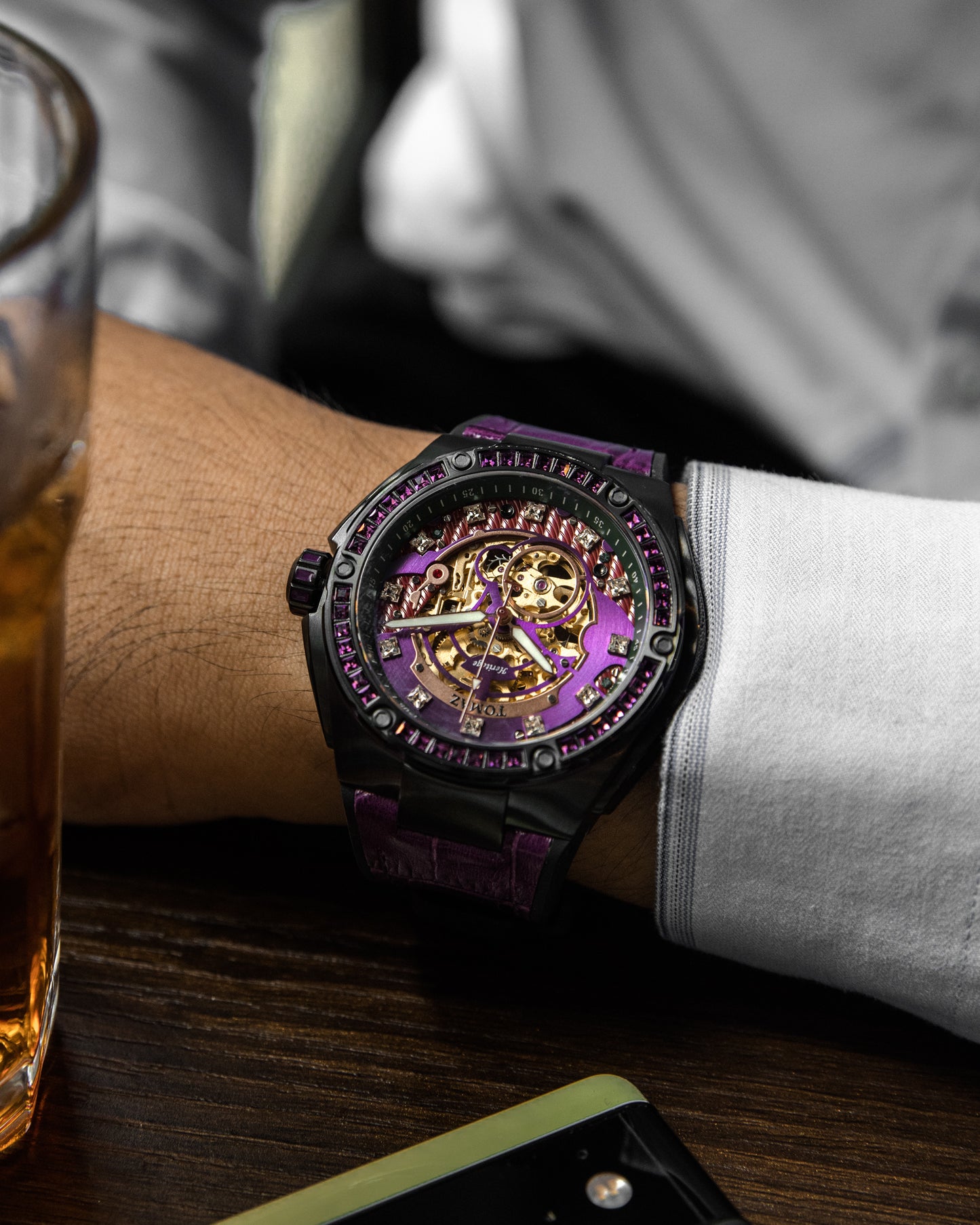 Xavier XL TW033-D2 (Black/Purple) with Purple Swarovski (Purple Bamboo Leather Strap)