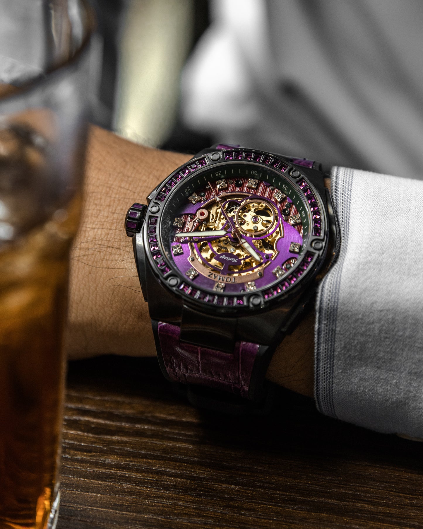 Xavier XL TW033-D2 (Black/Purple) with Purple Swarovski (Purple Bamboo Leather Strap)