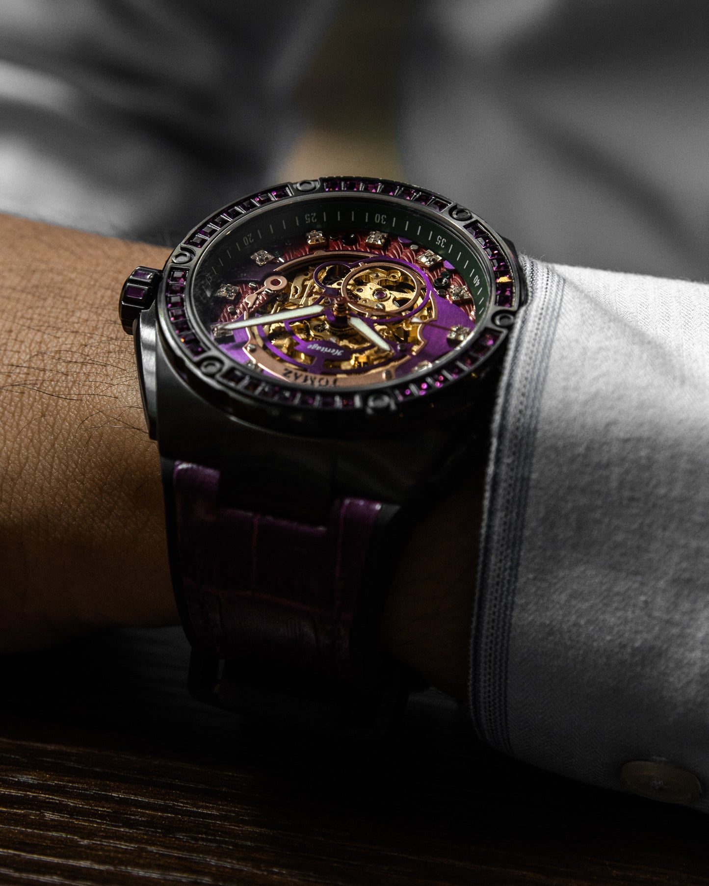 Xavier XL TW033-D2 (Black/Purple) with Purple Swarovski (Purple Bamboo Leather Strap)