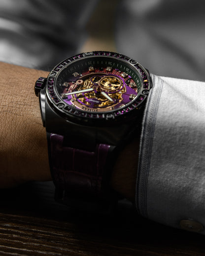 Xavier XL TW033-D2 (Black/Purple) with Purple Swarovski (Purple Bamboo Leather Strap)