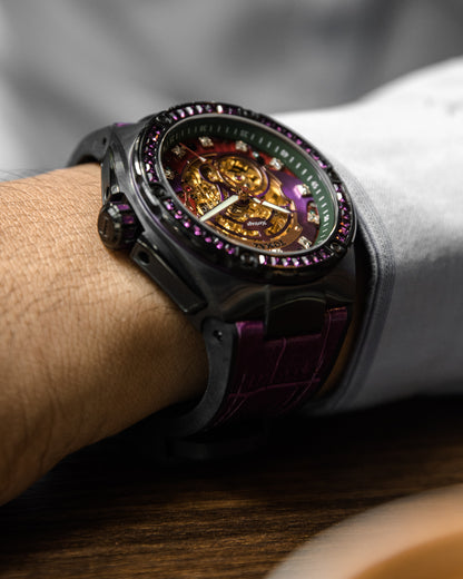 Xavier XL TW033-D2 (Black/Purple) with Purple Swarovski (Purple Bamboo Leather Strap)