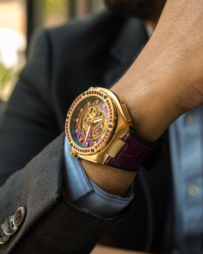 Xavier XL TW033-D6 (Gold/Purple) with Purple Swarovski (Purple Bamboo Leather  Strap)