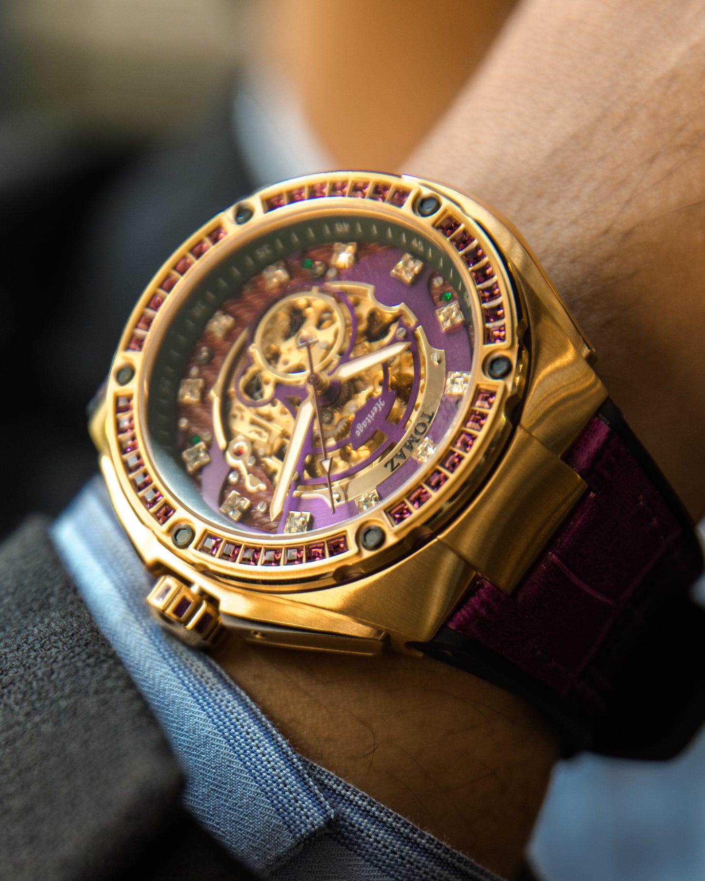 Xavier XL TW033-D6 (Gold/Purple) with Purple Swarovski (Purple Bamboo Leather  Strap)