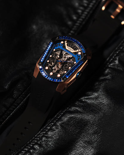 GT Skeleton TW028-D7 (Rosegold/Blue) with Blue Swarovski (Black Rubber Strap)