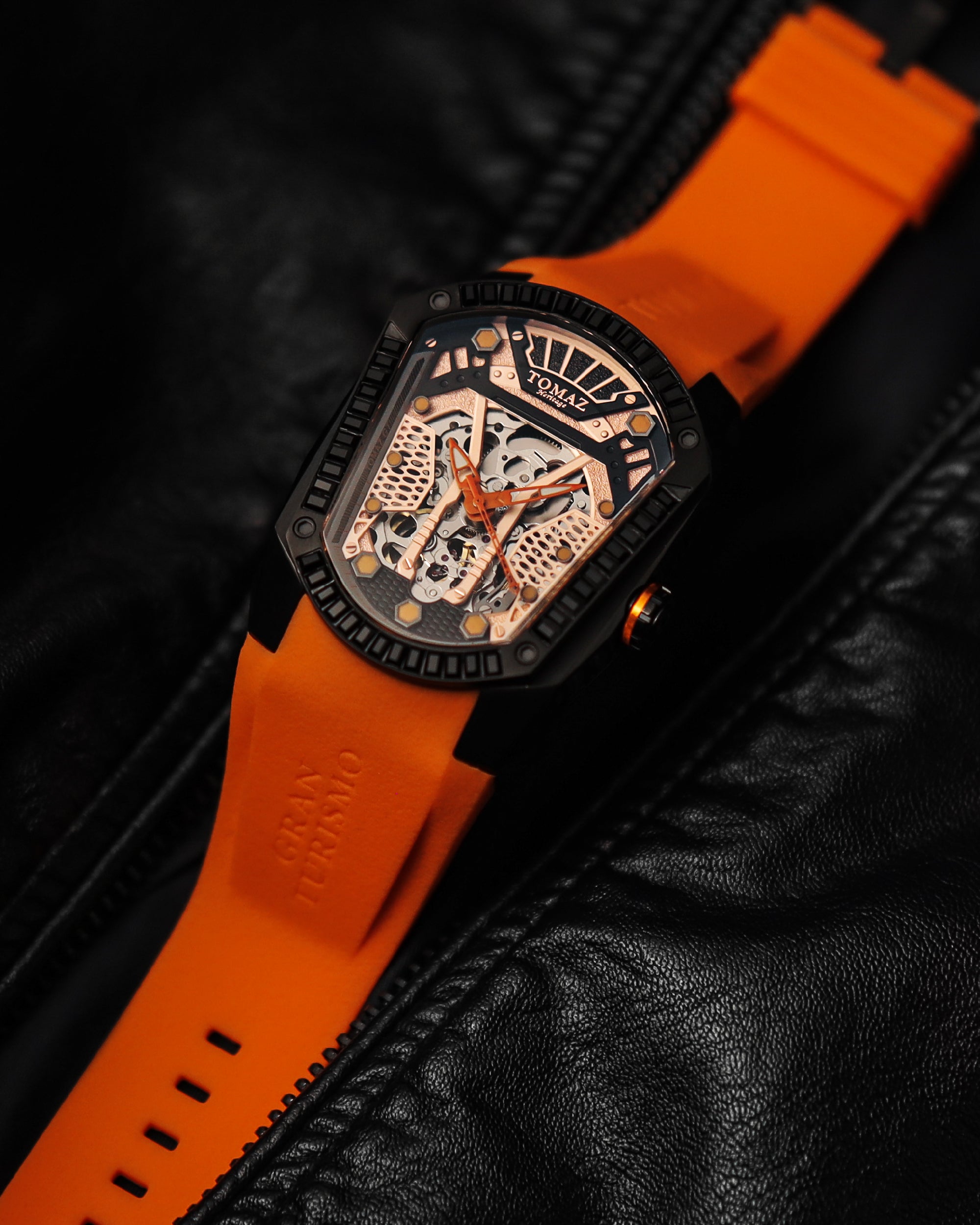 GT Skeleton TW028-D6 (Black/Orange) with Black Swarovski (Orange Rubber Strap)