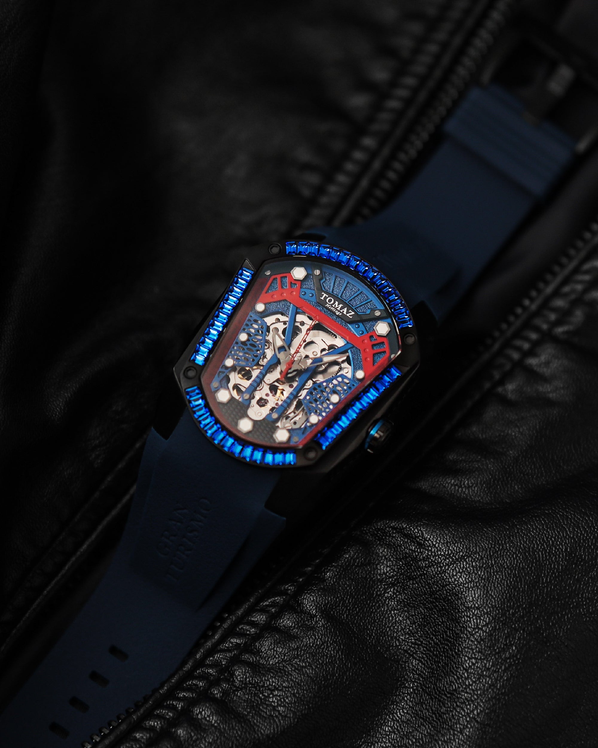 GT Skeleton TW028-D9 (Black/Blue) with Blue Swarovski (Blue Rubber Strap)