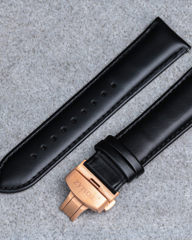 Tomaz TS2B Leather Plain 20mm Watch Strap Butterfly Clip (Black)