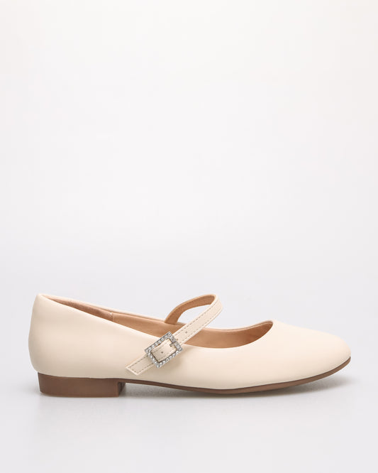 Tomaz NN444 Ladies Crystal Buckle Flats (Cream PU)