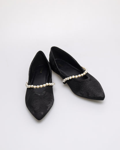 Tomaz YX192 Ladies Floral Pearl Flats (Black)