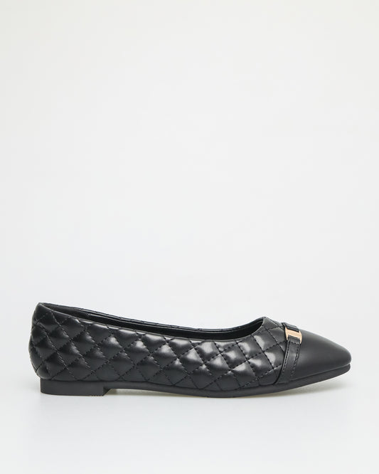 Tomaz NN251 Ladies Buckle Detail Quilted Flats (Black)