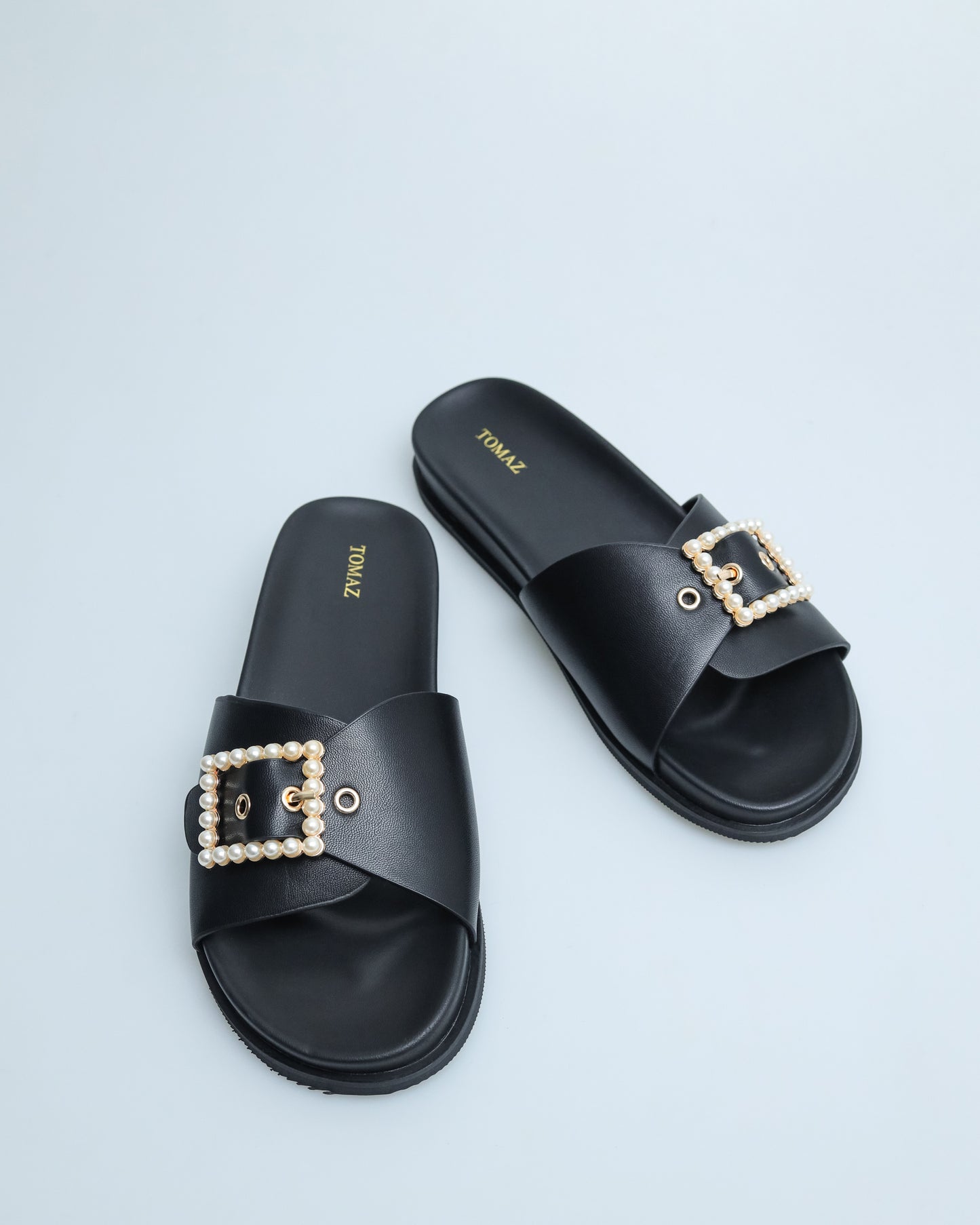 Tomaz YX134 Ladies Pearl Buckle Sandals  (Black)