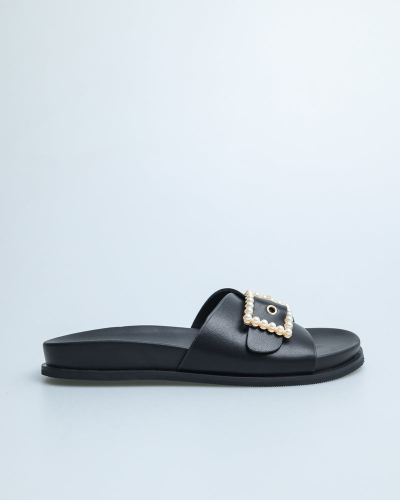 Tomaz YX134 Ladies Pearl Buckle Sandals  (Black)