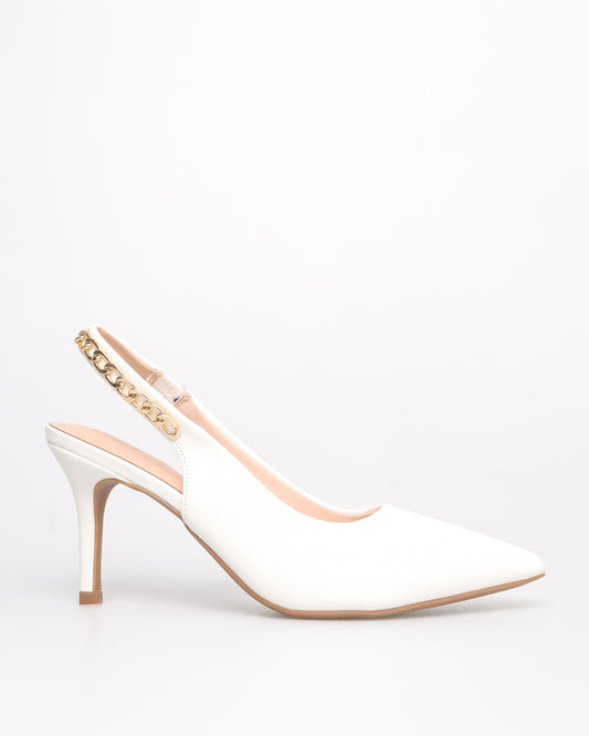 Tomaz NN355 Ladies Pointy Gold Chain Slingback Heels (White)