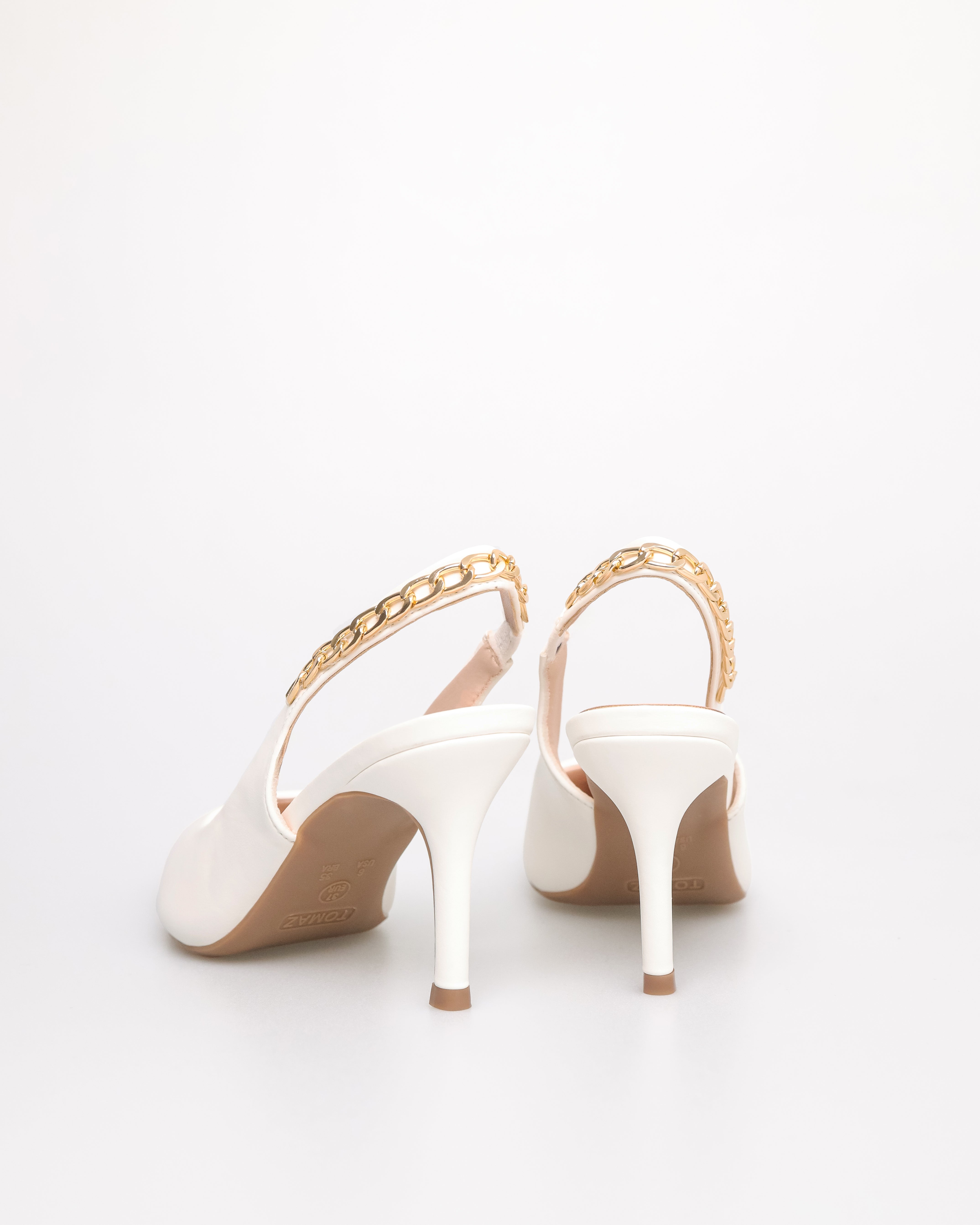 Tomaz NN355 Ladies Pointy Gold Chain Slingback Heels (White)