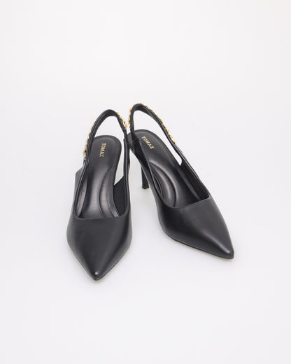 Tomaz NN355 Ladies Pointy Gold Chain Slingback Heels (Black PU)