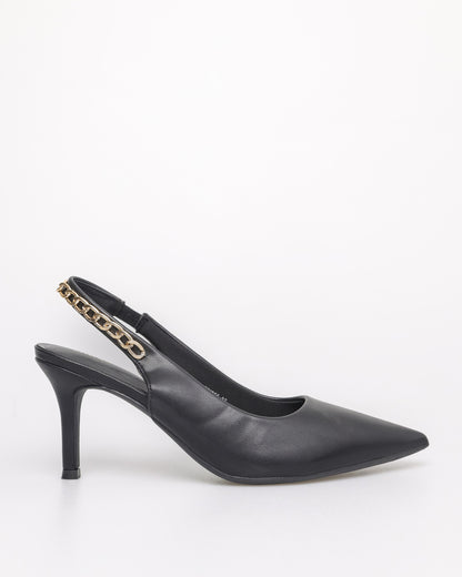 Tomaz NN355 Ladies Pointy Gold Chain Slingback Heels (Black PU)