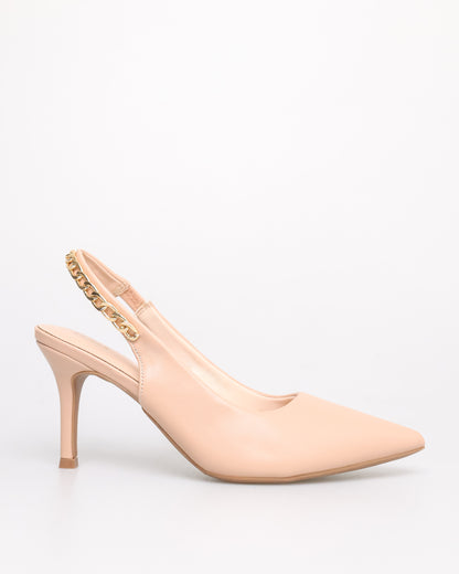 Tomaz NN355 Ladies Pointy Gold Chain Slingback Heels (Beige)