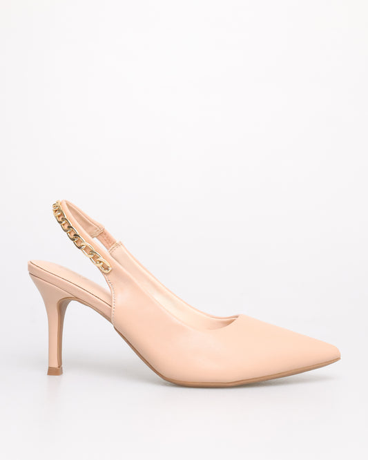 Tomaz NN355 Ladies Pointy Gold Chain Slingback Heels (Beige)