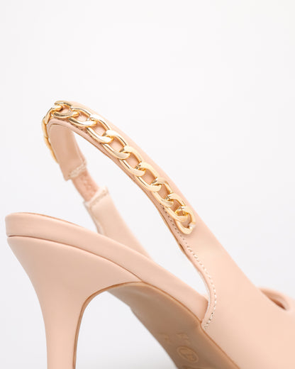 Tomaz NN355 Ladies Pointy Gold Chain Slingback Heels (Beige)