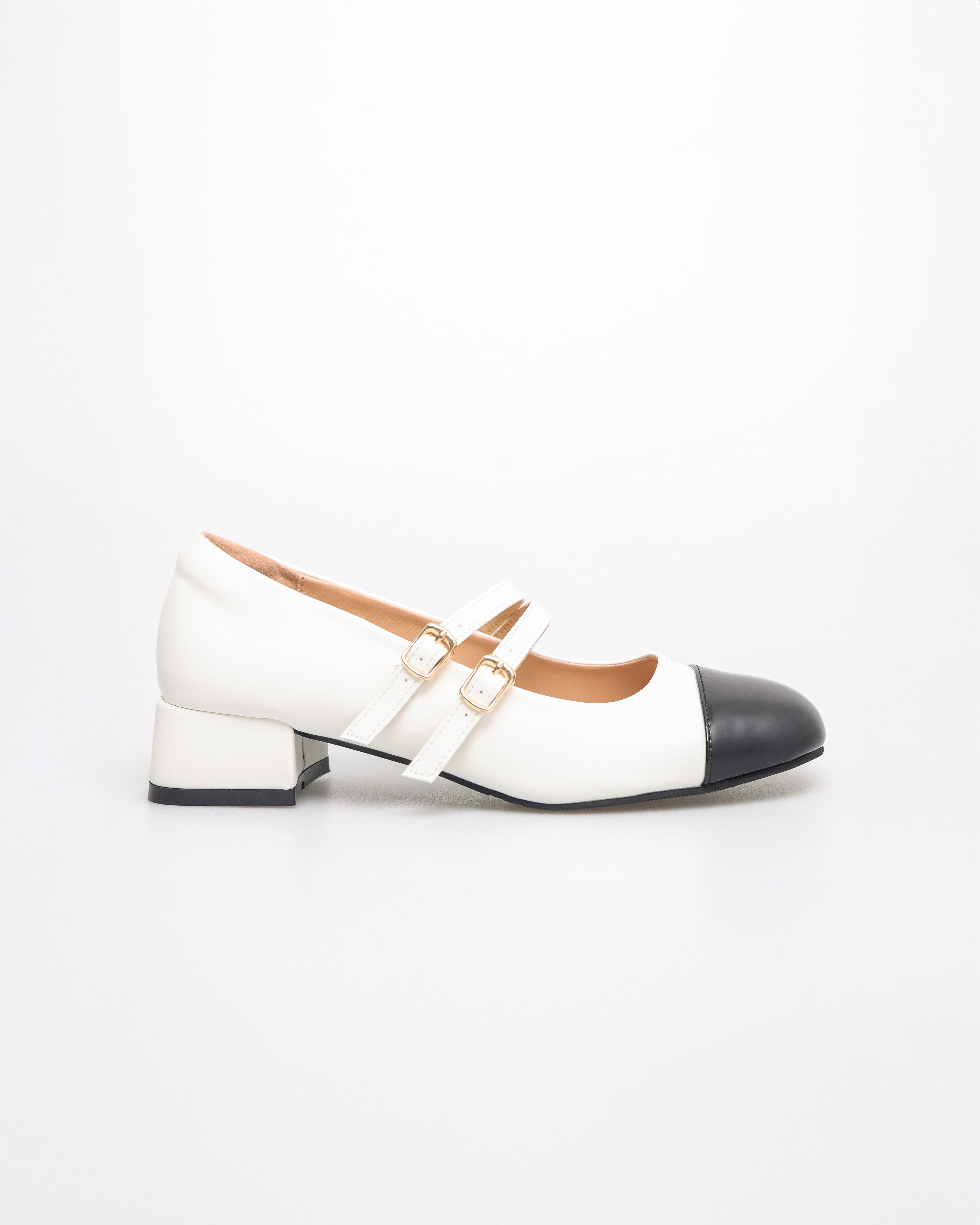 Tomaz FL090 Ladies Mary Jane Gold Buckle Heels (White/Black)