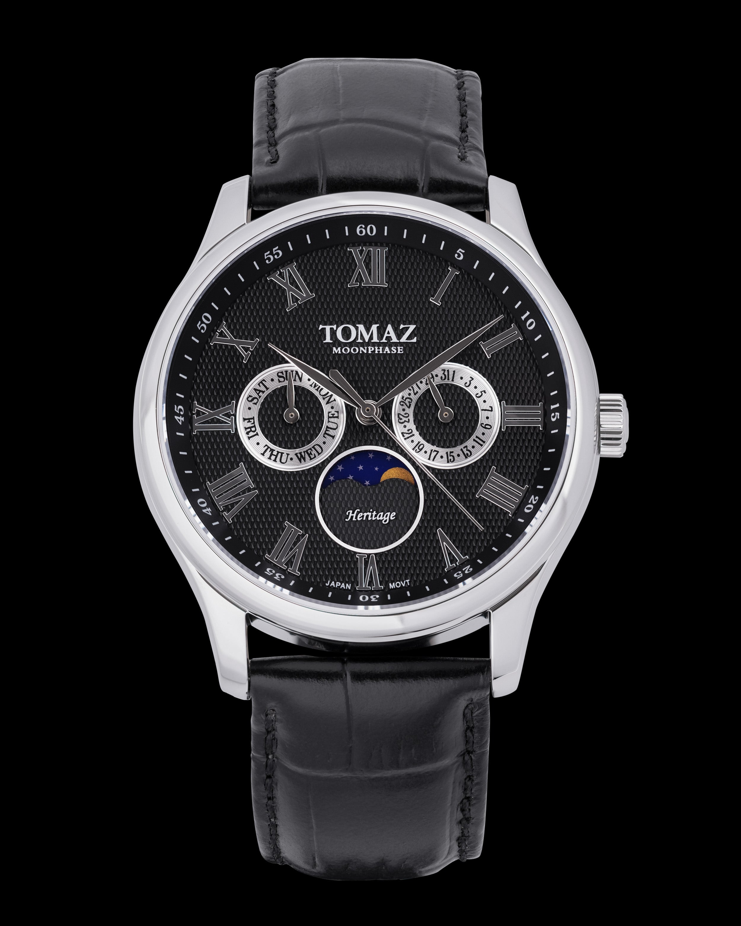 Tomaz TQ003M-D10 Moon Phase (Silver/Black) Black Leather Strap