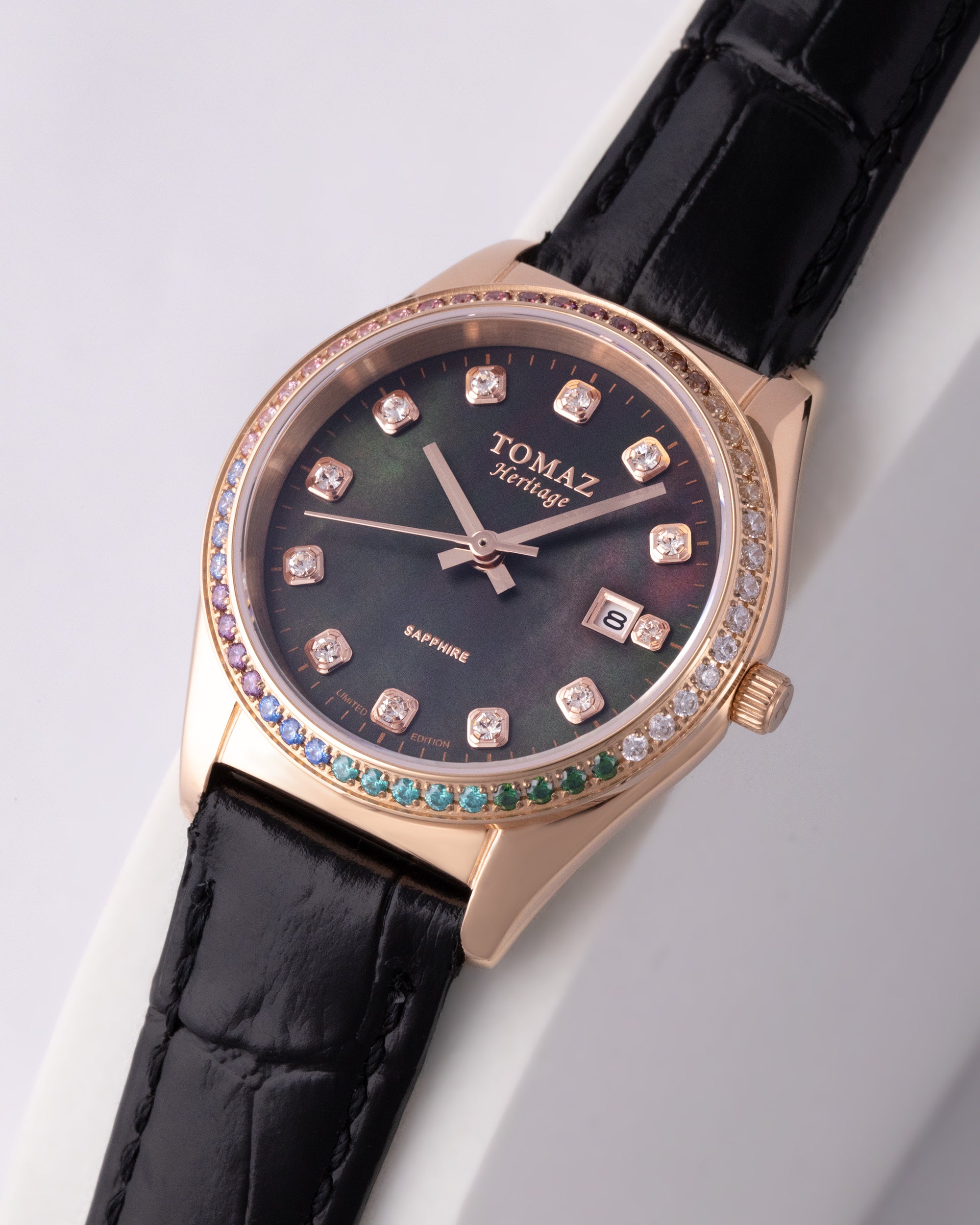 Jam Tangan Wanita Tomaz TQ017L-D23 Mutiara (Emas Mawar/Hitam) dengan Rainbow Swarovski (Tali Kulit Buluh Hitam)