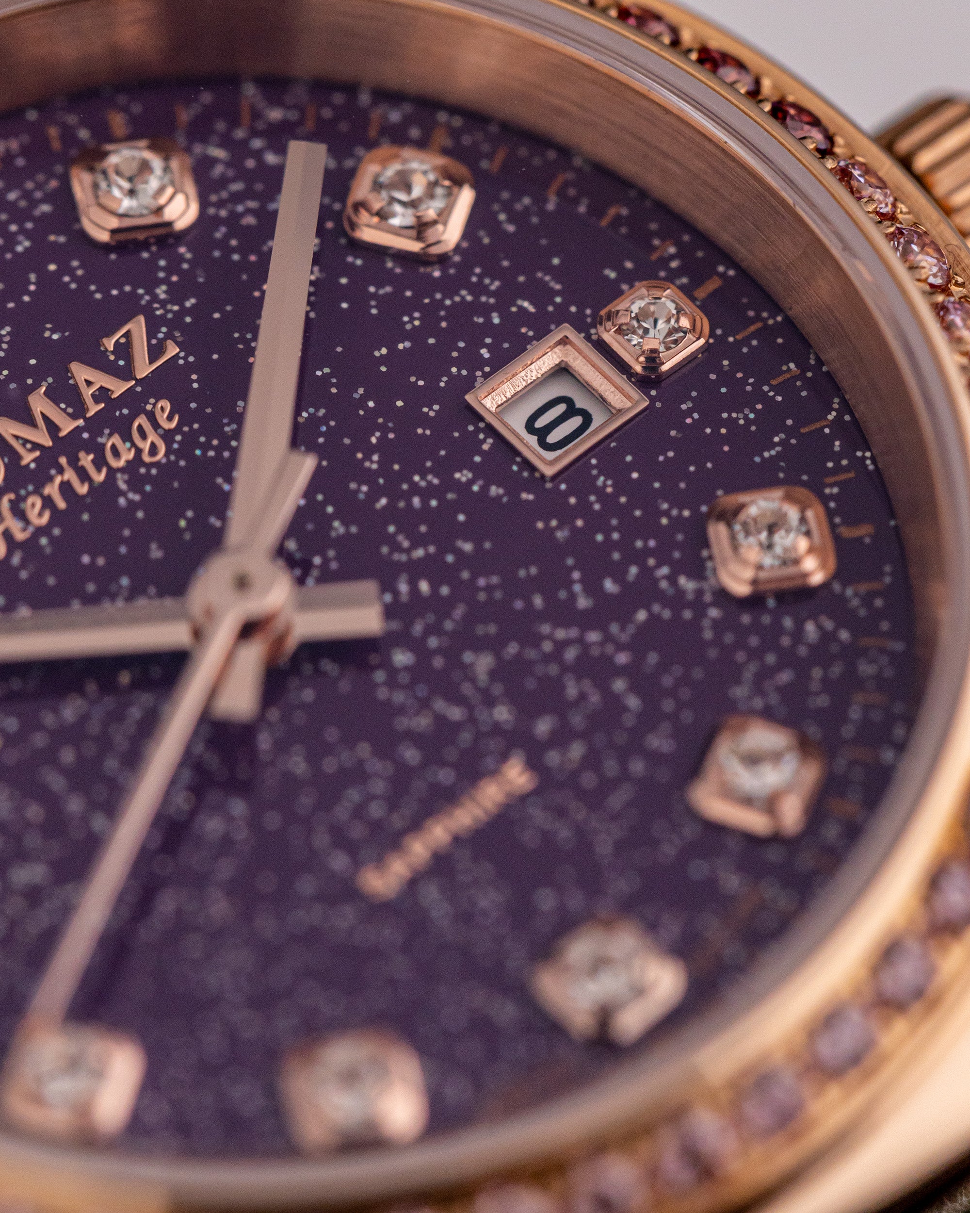 Jam Tangan Wanita Tomaz TQ017L-D29 Stardust (Emas Mawar/Ungu) dengan Swarovski Ungu (Tali Kulit Buluh Tentera Laut)
