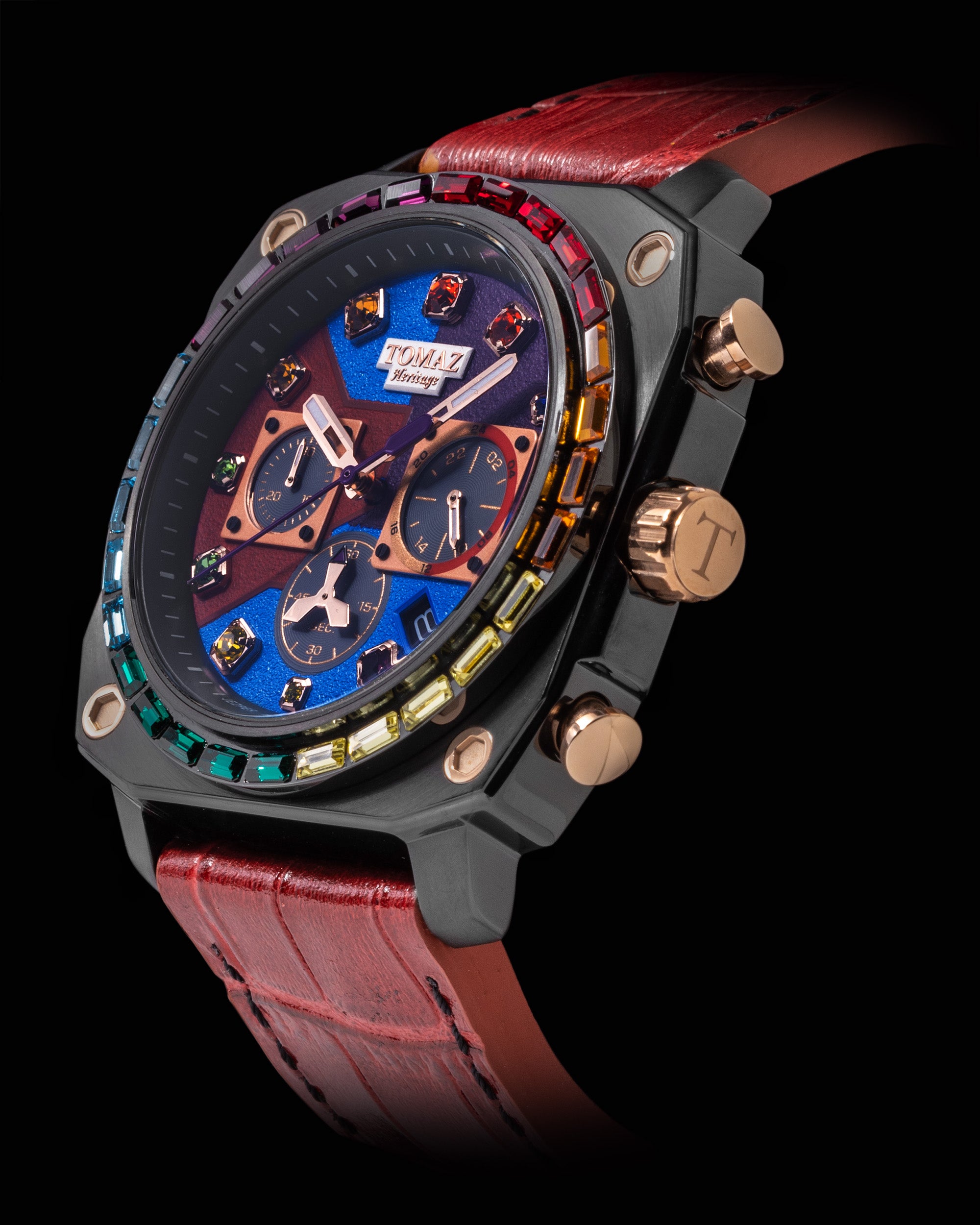 Jezper Iron Men Gauntlet TQ021C-D2 (Hitam) dengan Rainbow Swarovski (Tali Kulit Merah))