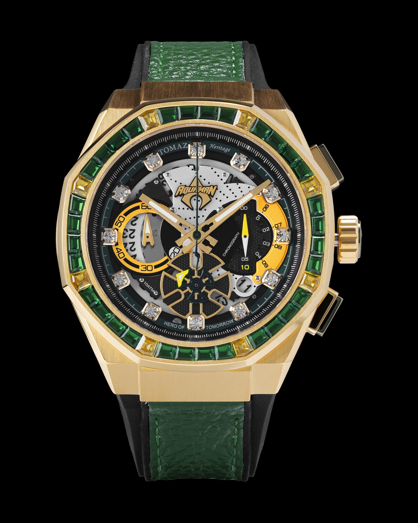 DC Aquaman TQ023-RD2 (Gold/Green) with Green and Gold Crystal (Green Leather with Silicone Strap)