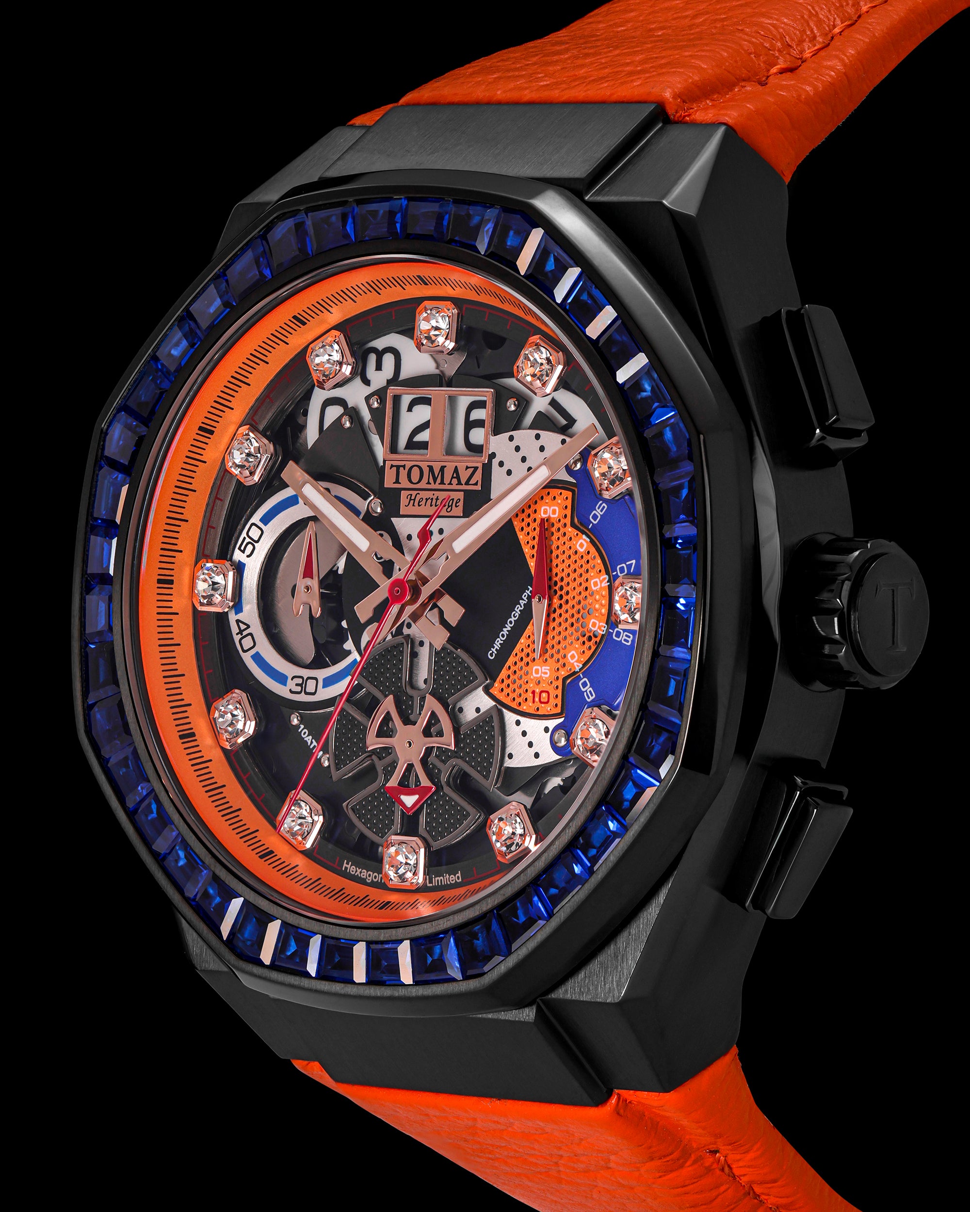 Hexagon TQ023B-D2 (Black/Orange) with Blue Crystal (Orange Leather Strap)