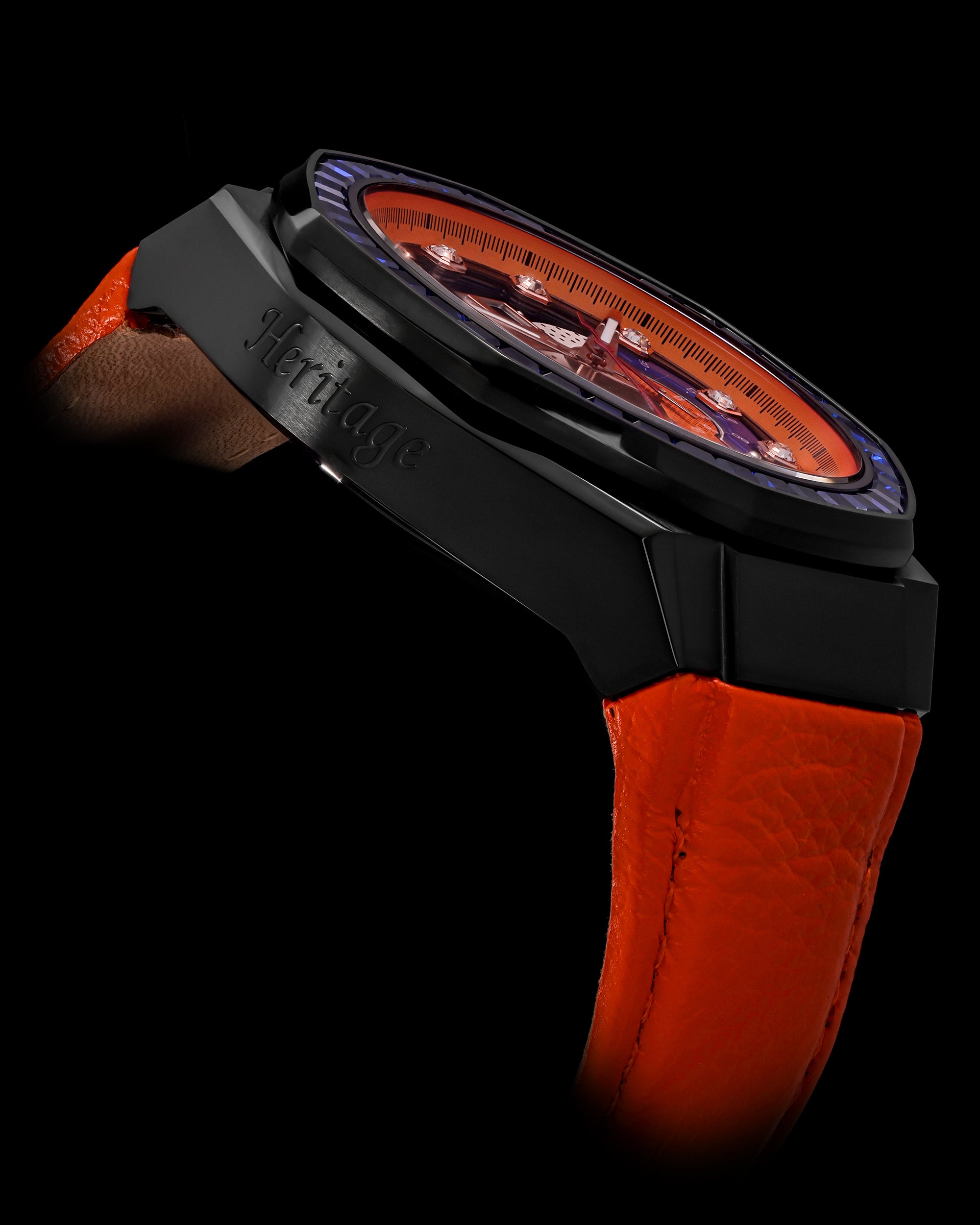 Hexagon TQ023B-D2 (Black/Orange) with Blue Crystal (Orange Leather Strap)