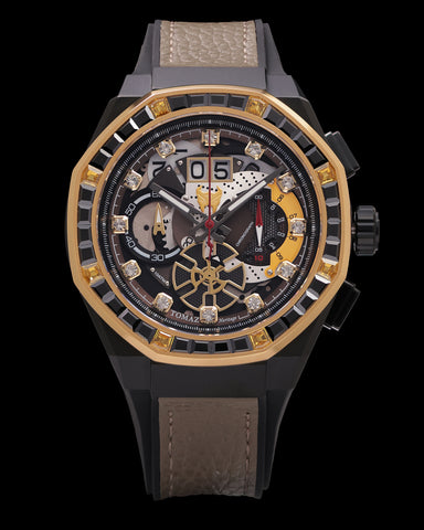 Transformer Scourge TQ023O-D1 (Hitam/Rosegold) dengan Kristal Hitam dan Rosegold (Kulit Coklat dengan Tali Silikon)