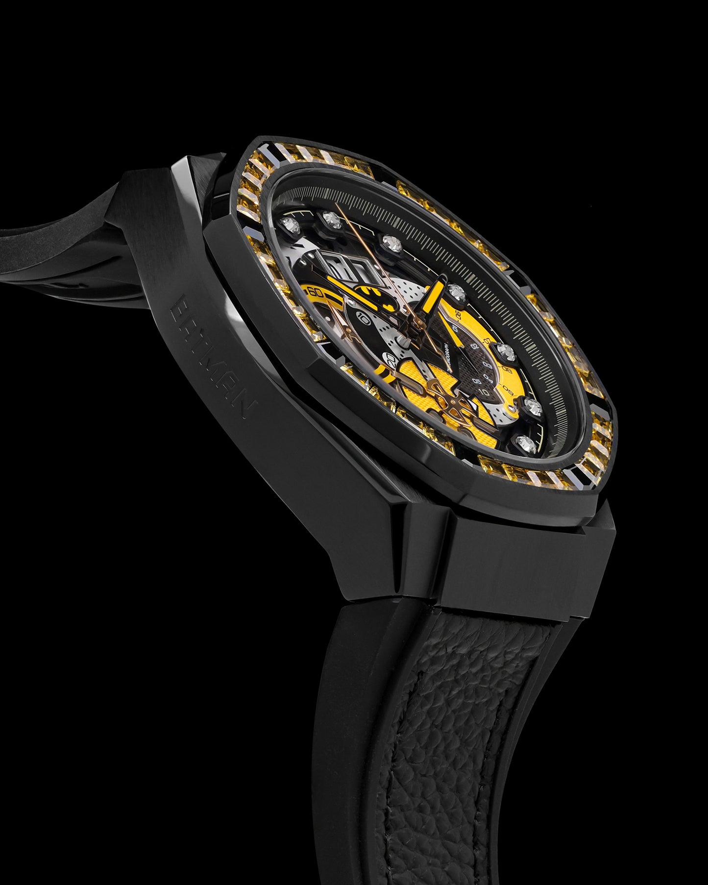 DC Batman TQ023P-D1 (Black/Yellow) with Black and Yellow Crystal (Black Leather with Silicone Strap)