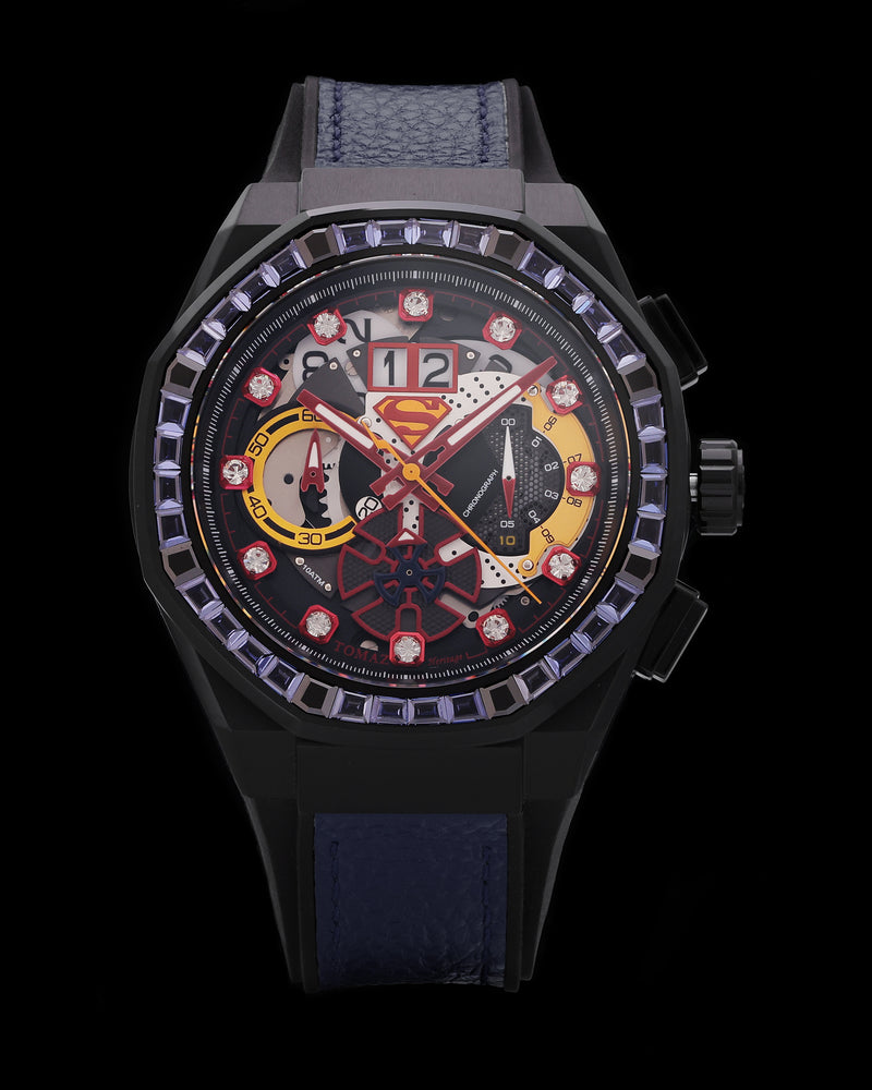 DC Superman TQ023Q-D2 (Black) with Blue and Black Crystal (Blue Leather with Silicone Strap)