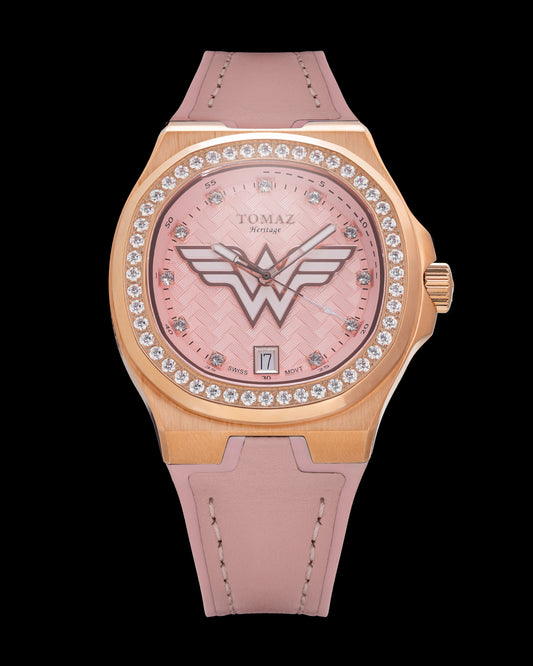 DC Wonder Woman TQ029L-BD10 (Rosegold/Pink) with White Swarovski Crystal (Pink Silicone Strap)