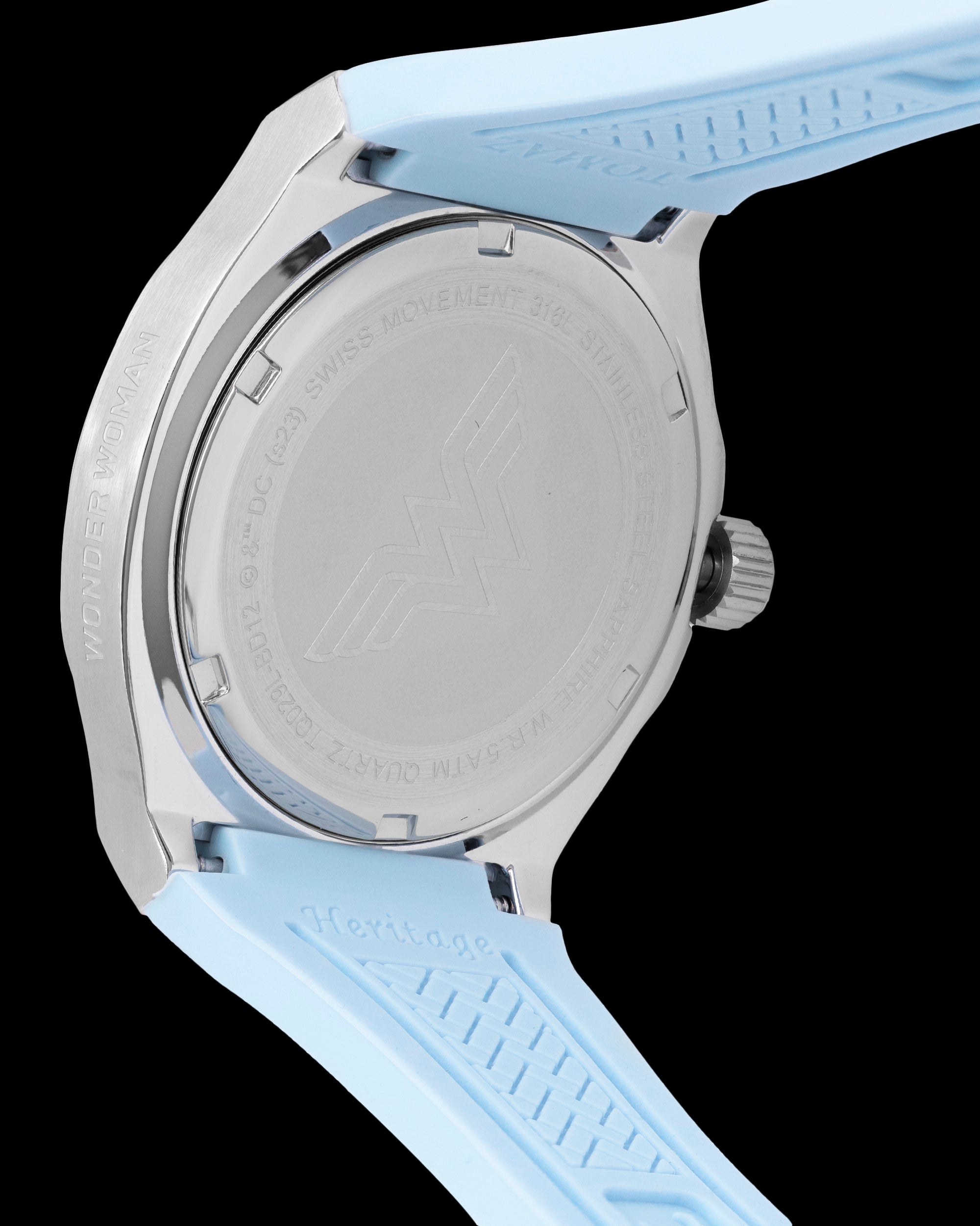 DC Wonder Woman TQ029L-BD12 (Silver/Light Blue) with White Swarovski Crystal (Light Blue Silicone Strap)