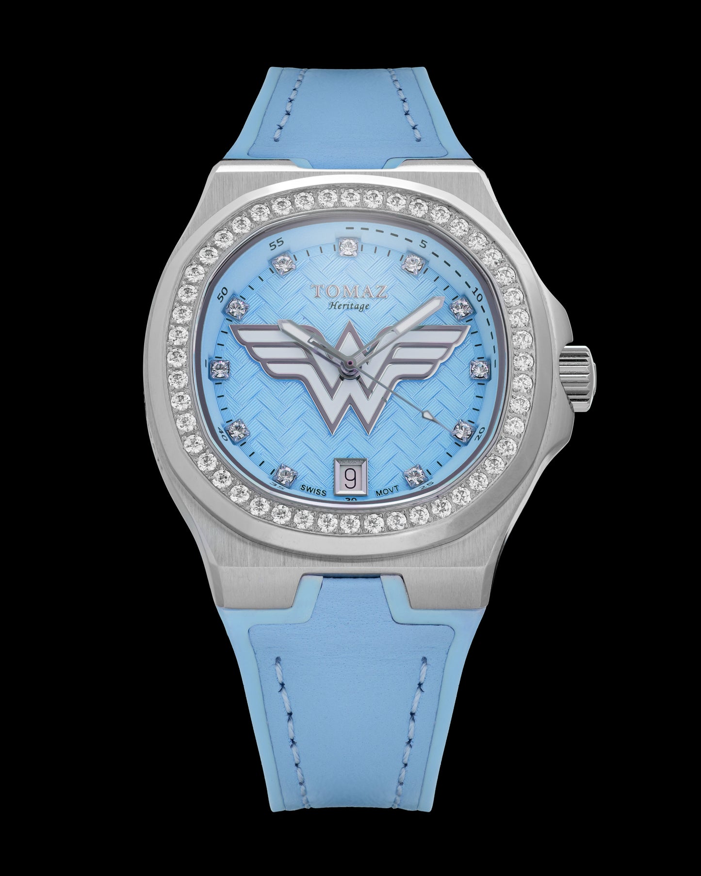 DC Wonder Woman TQ029L-BD12 (Silver/Light Blue) with White Swarovski Crystal (Light Blue Silicone Strap)