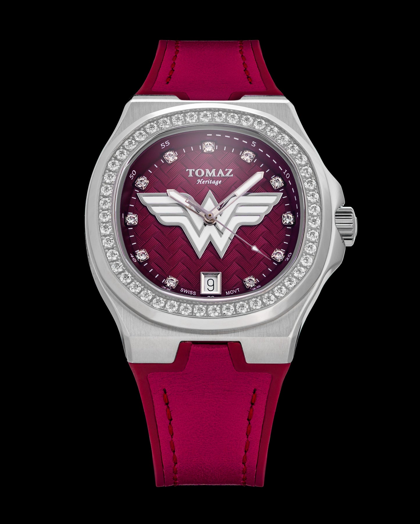 DC Wonder Woman TQ029L-BD13 (Silver/Maroon) with White Swarovski Crystal (Maroon Silicone Strap)