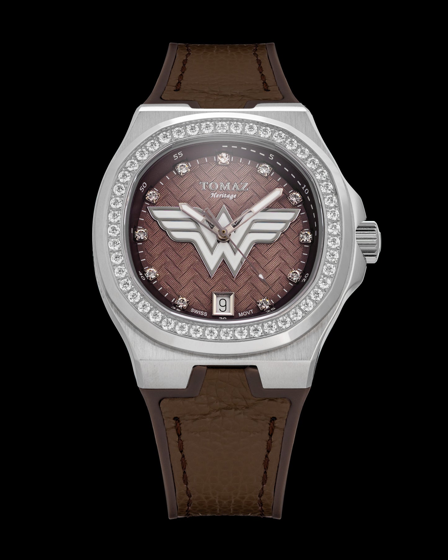 DC Wonder Woman TQ029L-BD14 (Silver/Brown) with White  Swarovski Crystal (Brown Silicone Strap)